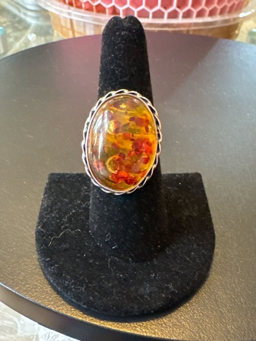 Vintage Sterling Silver & Amber Oval Ring 925 Unique Design Handmade Adjustable